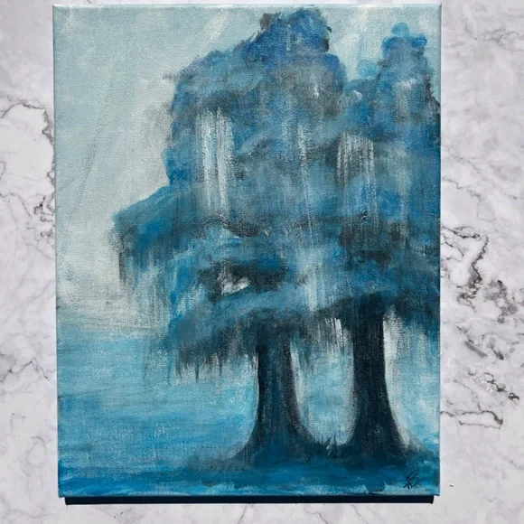 Abstract Cypress Trees Acrylic Painting11x14 CanvasWhispering Blue Canopy